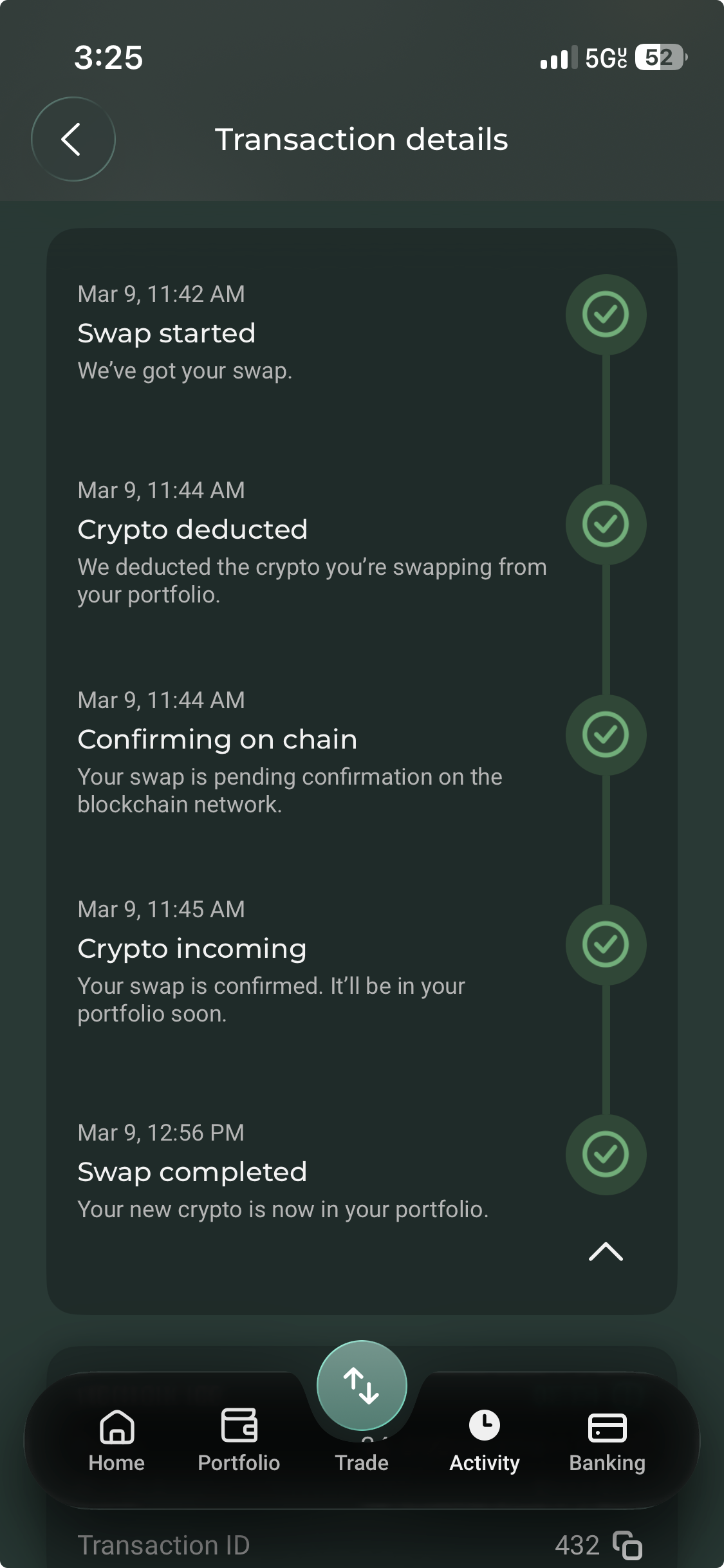 Transaction status screen
