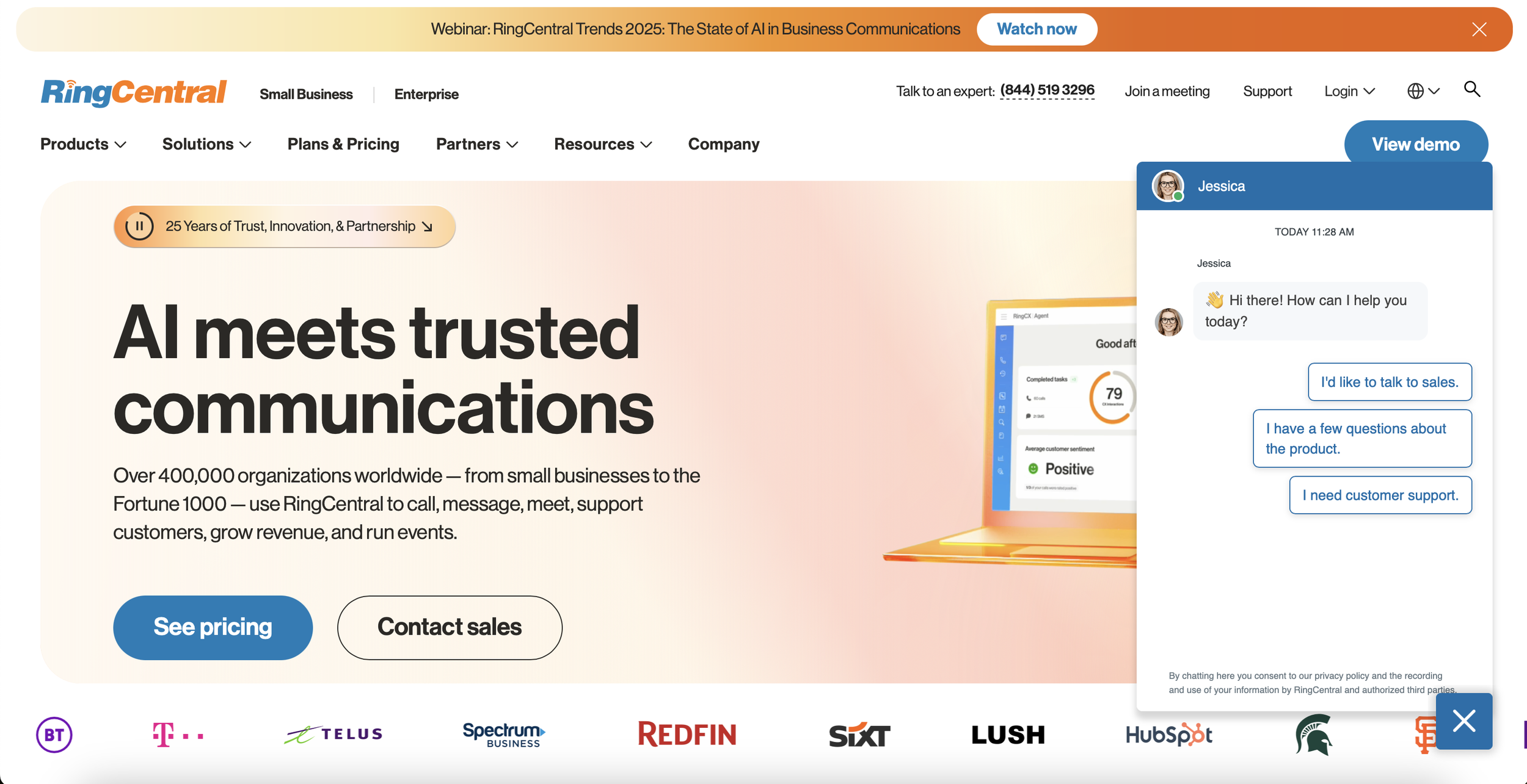 Pre-chat form in action on RingCentral.com
